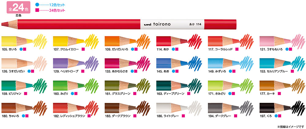 全24色 芯色　●…12色セット　■…24色セット　105.きいろ ●■　107.クロムイエロー ■　109.だいだいいろ ●■　114.あか ●■　117.コーラルレッド ■　121.うすももいろ ●■　126.うすだいだい ●■　129.ヘリオトロープ ■　133.あかむらさき ●■　145.あお ●■　149.みずいろ ●■　153.セルリアンブルー ■　159.ビリジャン ■　160.みどり ●■　161.グラスグリーン ■　163.ディープグリーン ■　171.きみどり ●■　177.カーキ ■　180.ちゃいろ ●■　182..レディッシュブラウン ■　183.ダークブラウン ■　186.ライトグレー ■　194.ダークグレー ■　197.くろ ●■　※描線はイメージです