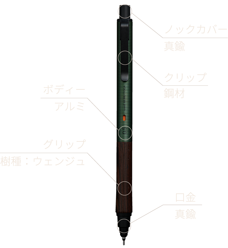 ノックカバー真鍮クリップ鋼材ボディーアルミグリップ樹種：ウェンジュ⼝⾦真鍮